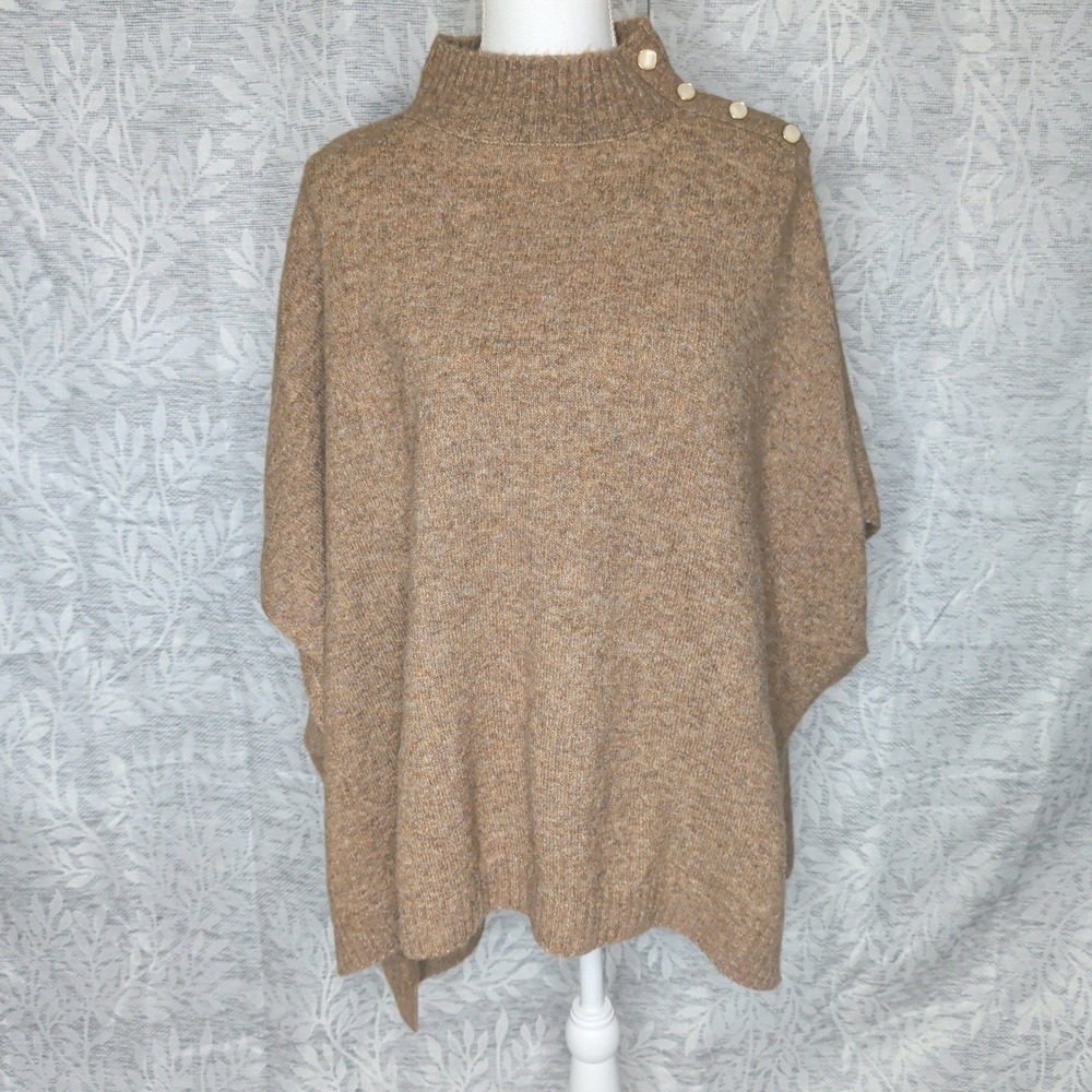 J.Crew Womens Mock Neck Button Shoulder Knit Poncho Sweater Camel Brown Heather